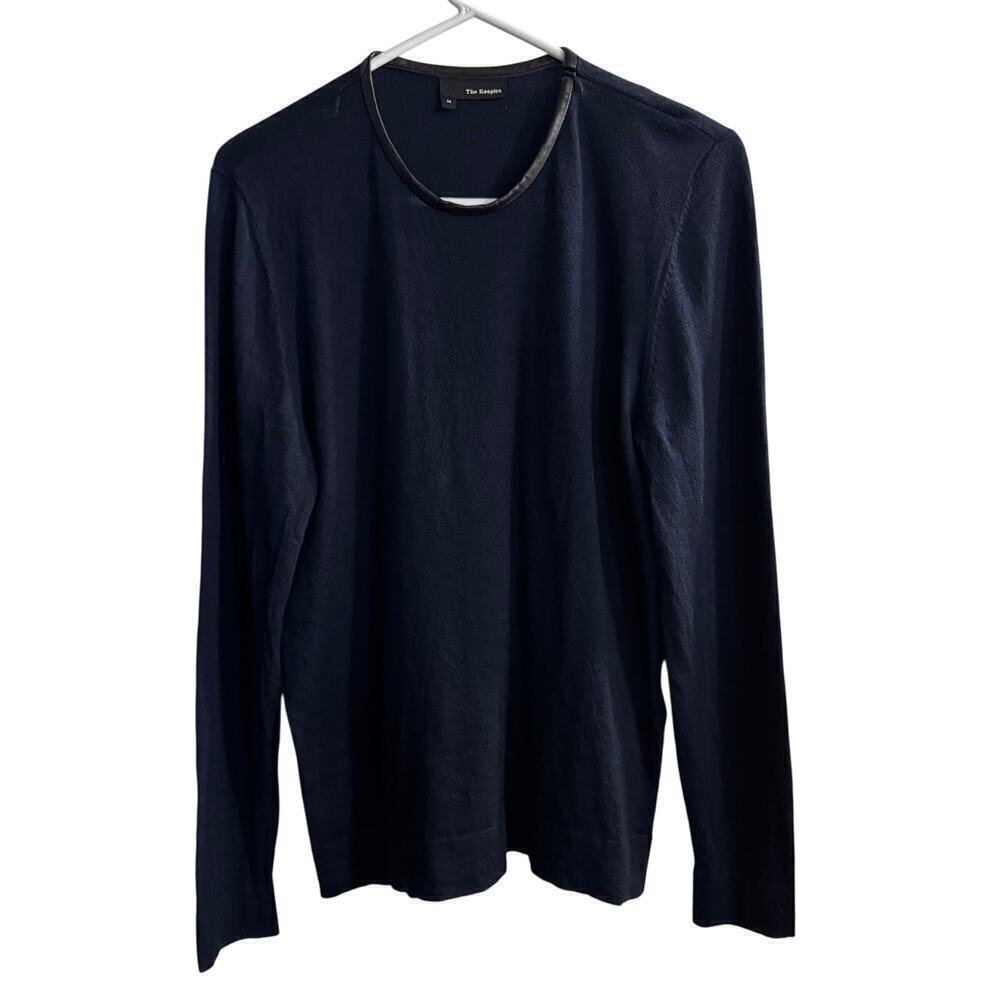 Kooples 100% Merino Wool Leather-Trim Women’s Sweater Size Medium Navy Blue